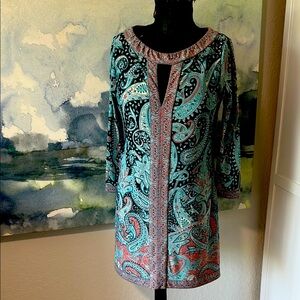 BCBG Max Azria 1O Teal & Coral Paisley Dress long sleeved last price